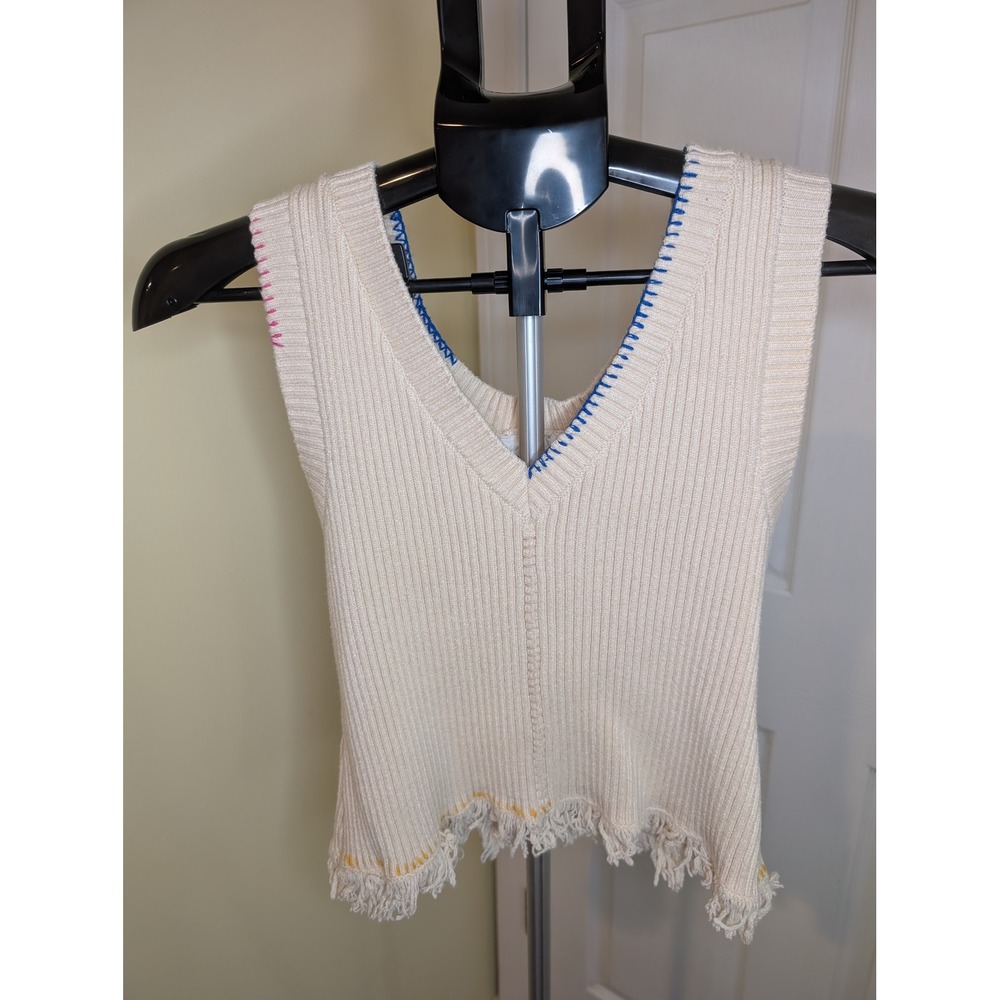 Anthropologie Fringe Stitch Sweater Vest Cream Ribbed Whipstitch V-Neck - Size S